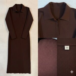 Pixie Market Heavy Brown Ribbed Knit Polo Midi Dress Size M